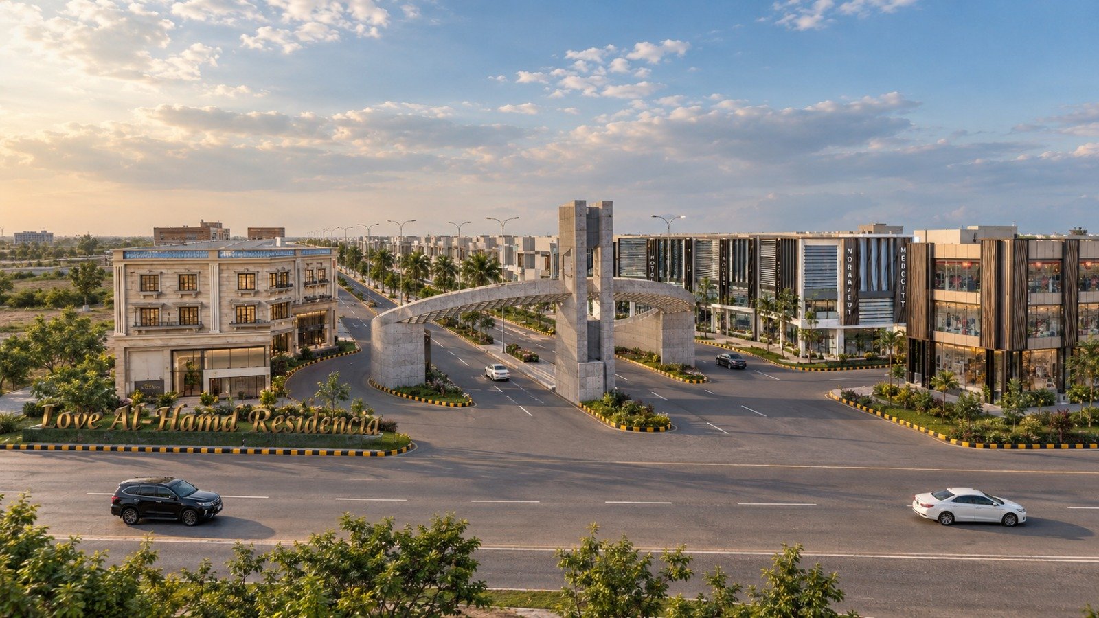Al-Hamd Residencia entrance gateway and development, viewed from the main road