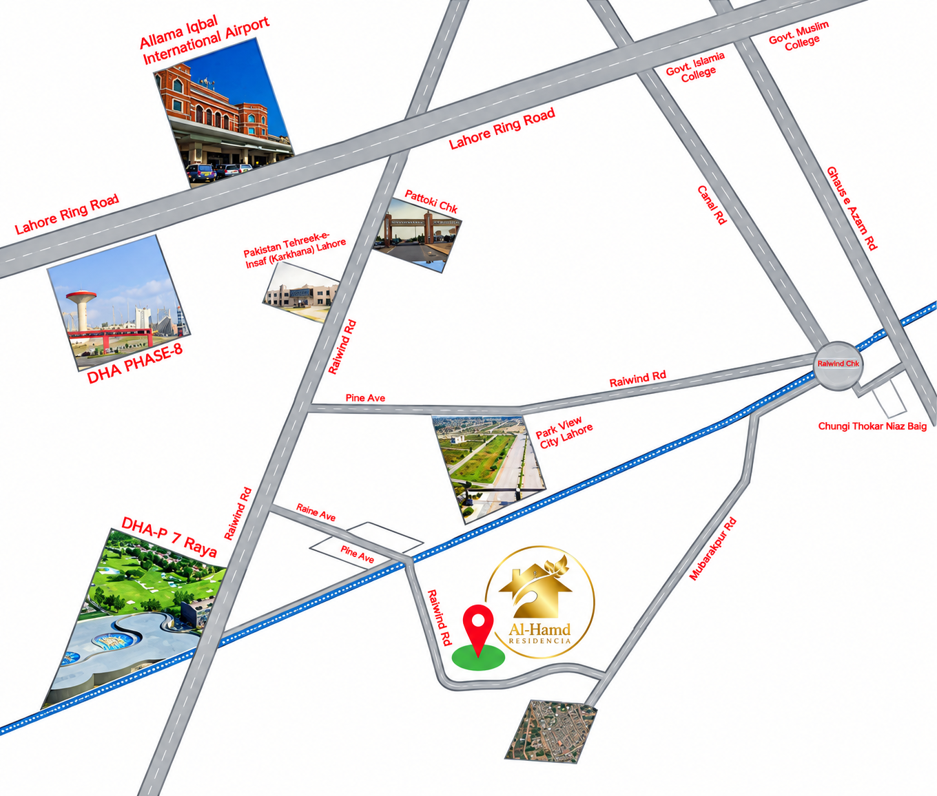 Key plan showing the location of Al-Hamd Residencia relative to Lahore Ring Road, DHA Raya, DHA Phase 8, Raiwind Road and Allama Iqbal International Airport